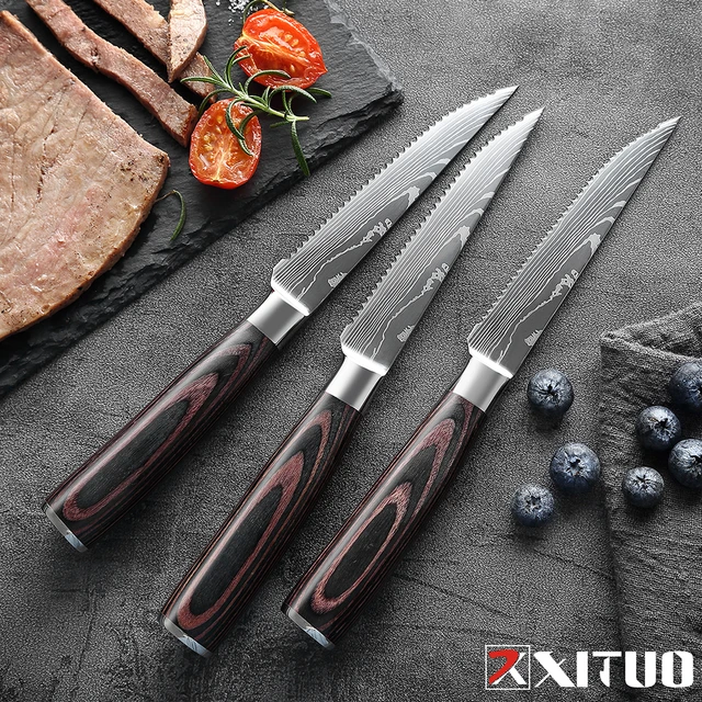 XITUO coltello da bistecca 4 pz/6 pz in acciaio inox imitazione modello  damasco coltello da ristorante seghettato manzo pollo strumento da tavola  naturale - AliExpress