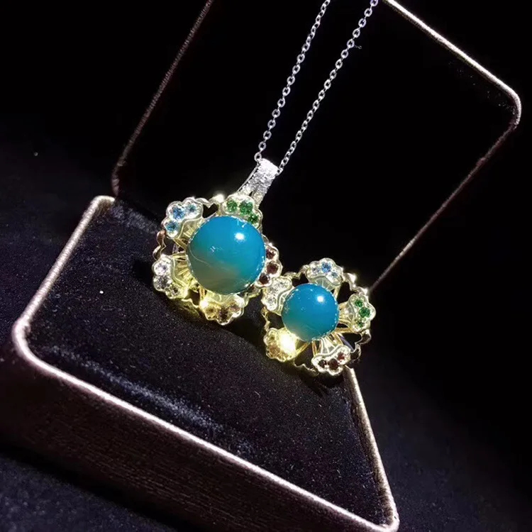 

Blue Amber Five Elements Lucky S925 Silver Jewelry Set Inlaid Variety Multicolored Delicacy Inlay Work Yin And Yang Evolution