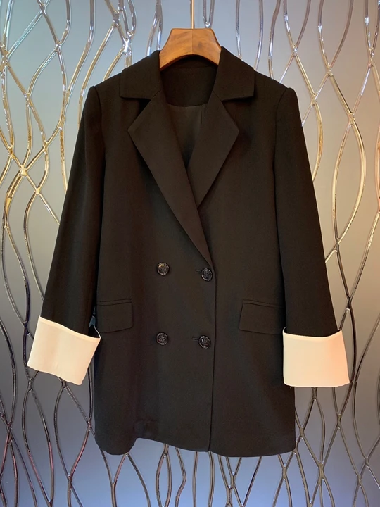 

2019 Early Autumn New Women's Cuff Colour Splicing, Flip-collar, Double-breasted, Hundred-Set Suit Jacket 826