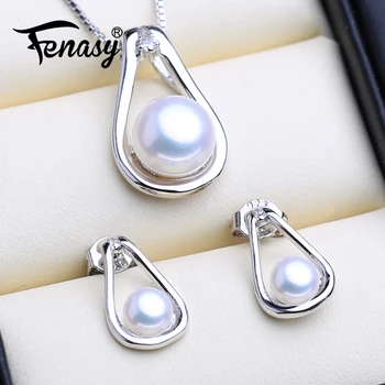 

FENASY 925 Sterling Silver Jewelry Sets Natural Pearl Stud Earrings Custom Trendy Party Pendant Chain Necklace For Women