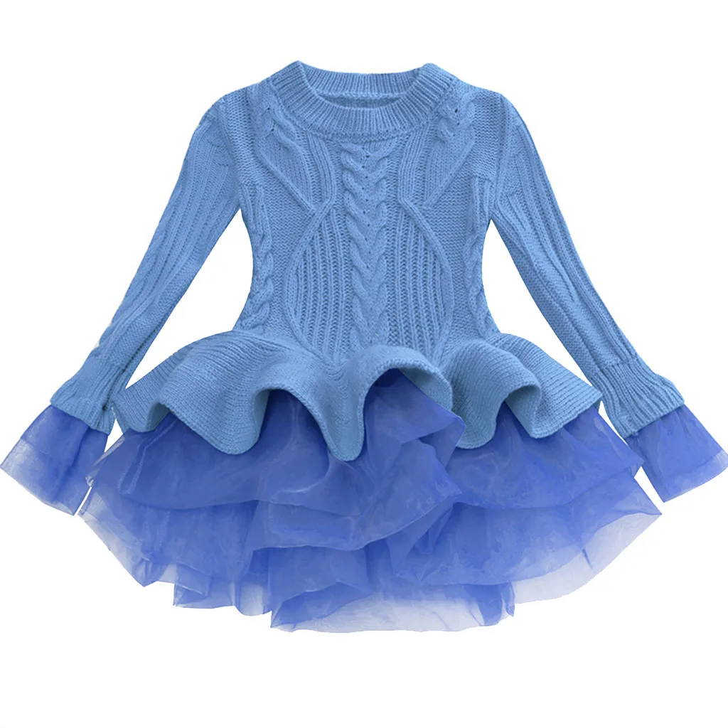 Мода г.; одежда для малышей; детский однотонный теплый свитер из тюля с длинными рукавами для девочек; вязаное платье принцессы «кроше»; vestido infantil - Цвет: Небесно-голубой