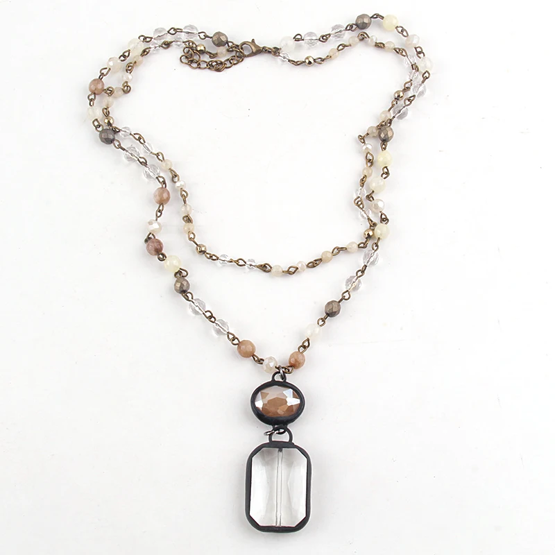 RH Fashion Bohemian Jewelry Accessory 2 Layer Stone Crystal Rosary Link &amp Chain Glass Pendant Necklaces For Women Gift | Украшения и