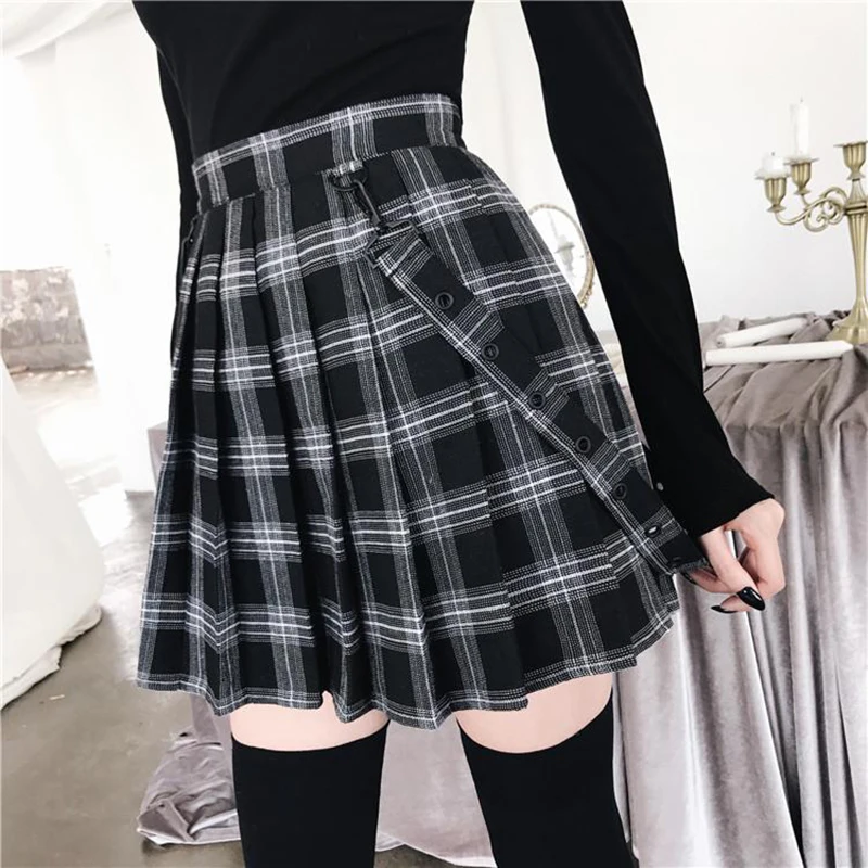 

2020 New 5Colors Gothic Vintage Plaid Mini Skirts Women Suspender Strap Pleated A-line Skirts High Waist Casual Plus Size S-5XL