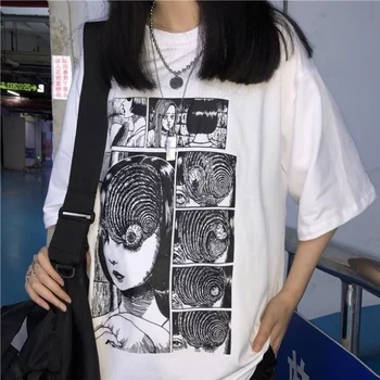 

HAHAYULE-JBH Women's Grunge Aesthetic Anime Tee Hipsters Harajuku Style Shirt Junji Ito Horror Manga Uzumaki T-Shirt