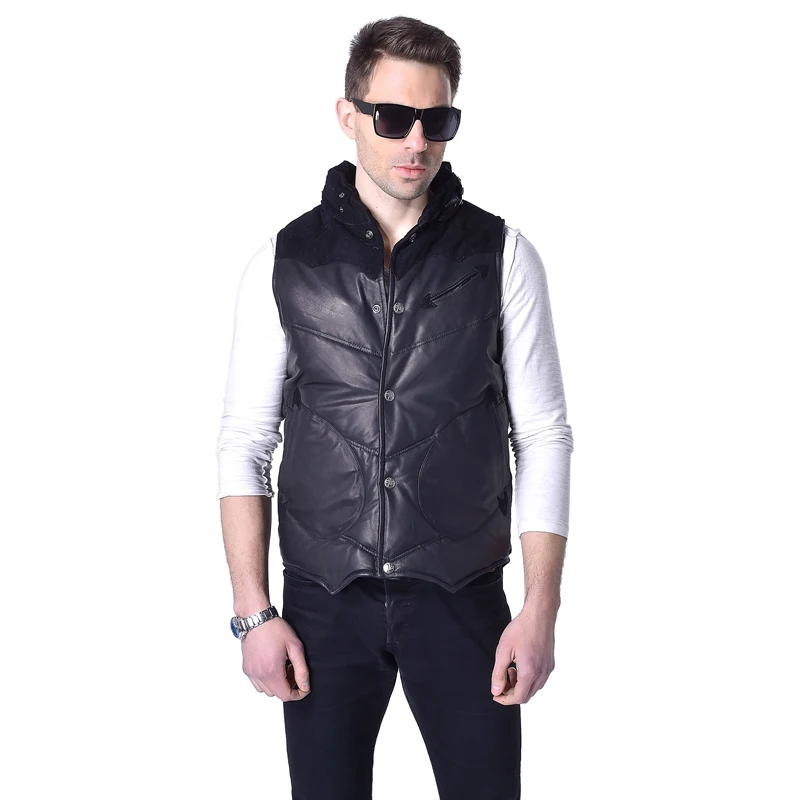 

Factory Duck Down Jacket Men 100%Genuine Sheepskin Leather Removable Thin Sleeve Black Short Men's Winter Coat ZH054