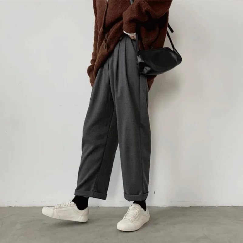 

QWEEK Winter Pants Women Plus Size Warm Pants Women Oversize Woolen Pants Jokers Black Trousers Women Korean Style Oversized