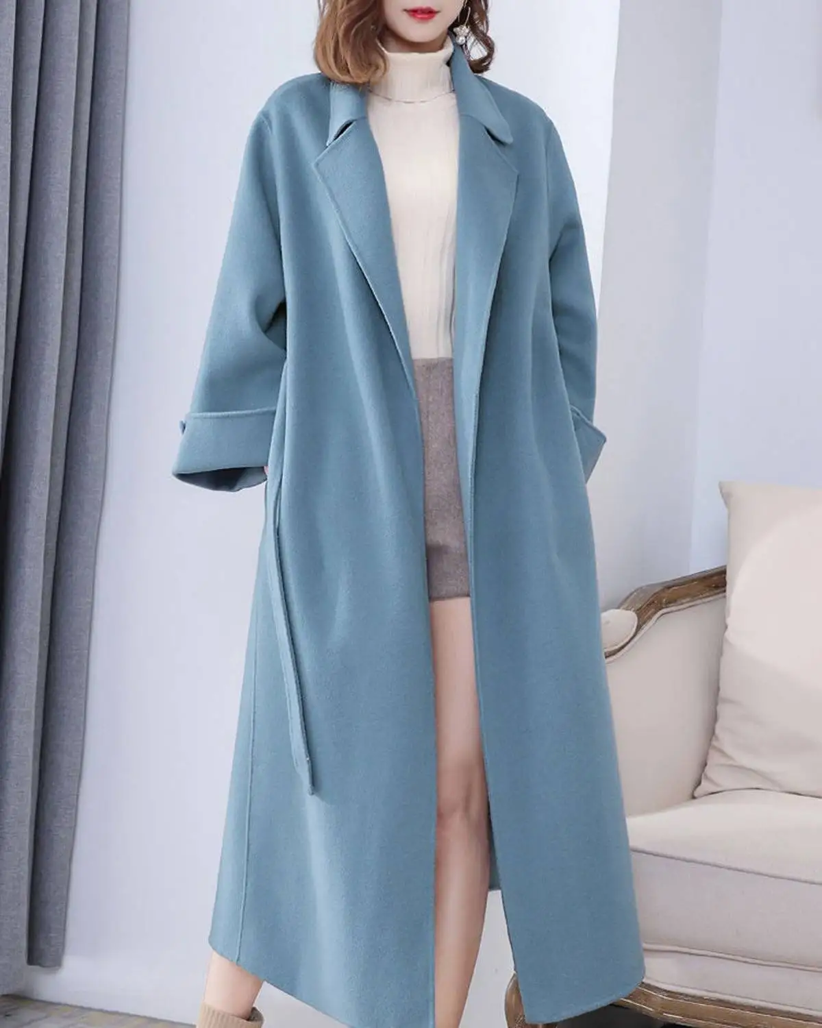 Синий Heydress зимнее однотонное женское двухстороннее шерстяное пальто с поясом и отложным воротником элегантное женское пальто А-силуэта - Цвет: Синий