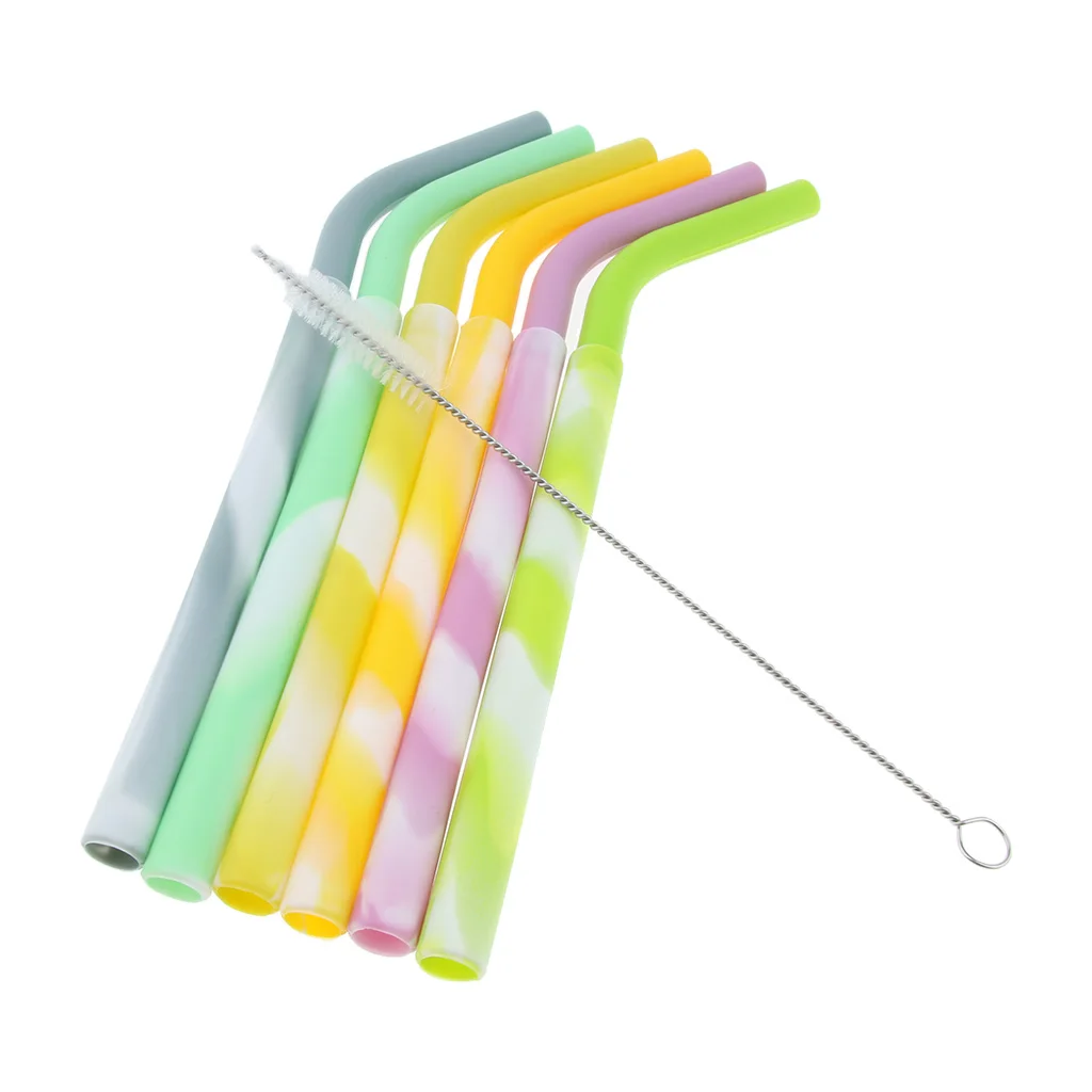 6pcs Silicone Flexible Reusable Straight Bendy Drinking Straws + Cleaning Brush Set for Elderly Patients