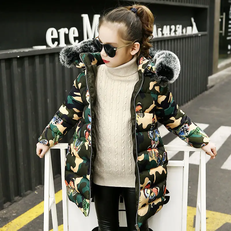 

Girls Cotton-padded Jacket New Style Kids' Overcoat Long Big Boy Camouflage Little Girl Cotton-padded Clothes Thick Korean-style