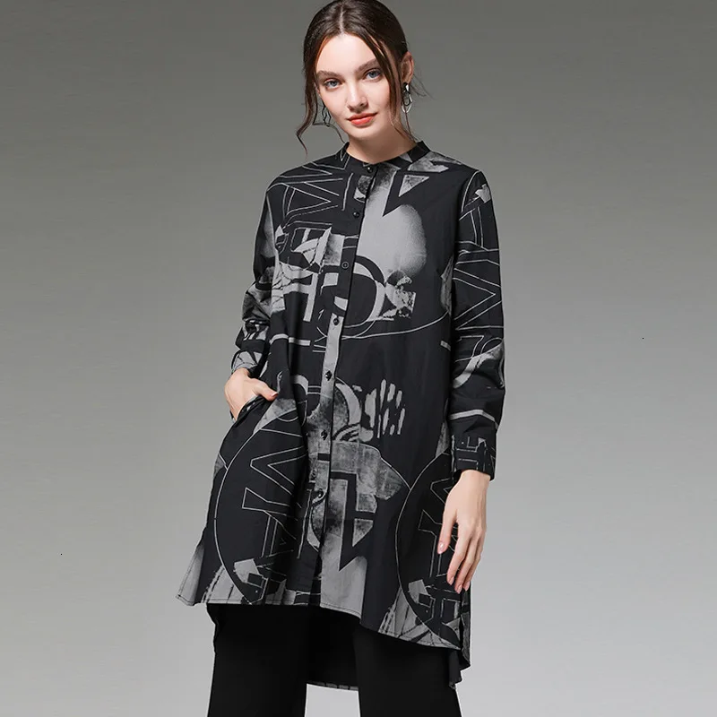 WOMENGAGA New Autumn And Winter New Products Fashion Solid Color Irregular Printing Long Loose Shirt Women's Clothing B108
