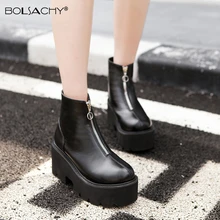 

Women Comfy Chelsea Boots Platform Round Toe Chunky High Heel Front zipper Ankle Booties PU Leather Punk Gothic Boots Size 33-43