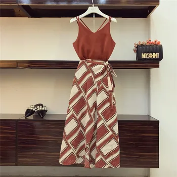 

retro boho long split skirt suit women summer suspender vest top high waist fork print skirt 2 piece set summer suit D590