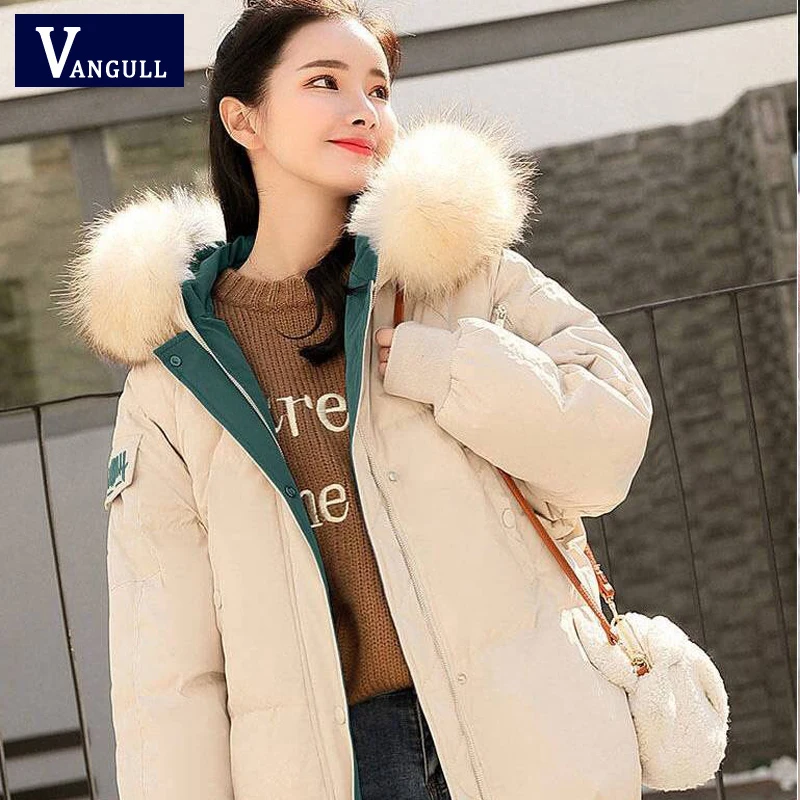 Promo Vangull Solid Fur Hooded Thicken Long Down Coats Women Female Casual Long Sleev Warm Cotton Coats W