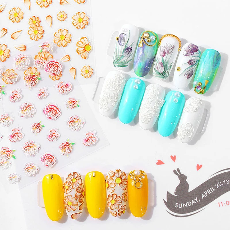 5D Nail Sticker Art 20 Pattern Flower Self Adhesive Emboss DIY Acrylic Engraved Nail Stickers Decal