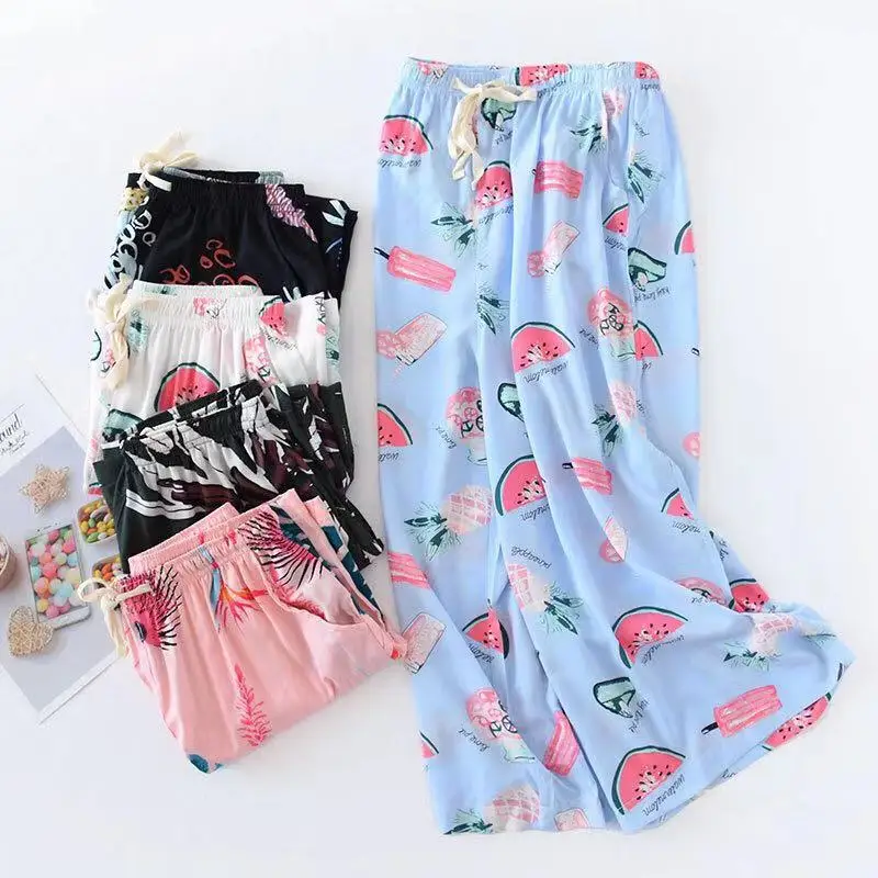 

Pajama Pants Female Cropped Pants Cotton Wide-leg Pants Thin Section Plus Fat Ladies Plus Size Home Pants Loose Casual Pants