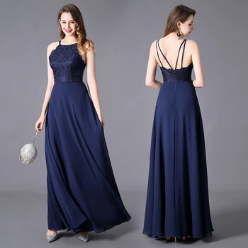 

Evening Dress Long Dress Plus Size A Line Halter Floor Length Sleeveless Chiffon Zipper Open Back Navy