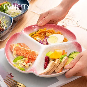

FANCITY Grid Plate Ceramic Dinner Plate Split Meal System Household One-person Food Separator Plate Adult Tableware Creative Jap