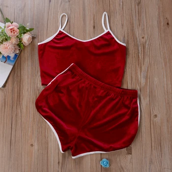 

Summer Women Sexy Lounge Sleep Sexy Spaghetti Strap Shorts Pajama Set 2pcs Velvet Sleepwear Shorts Casual Solid Home Clothes