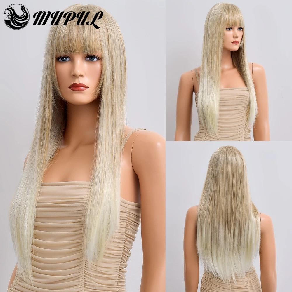 

Long Blonde Straight Synthetic Wigs With Bangs For White Women Daily Hair Nutural Heat Resistant Cosplay Party Fiber Wig