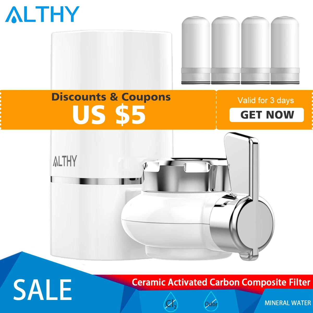 

ALTHY Faucet Tap Water Filter Purifier Kitchen Composite Purification System alkaline minerals water - Remove Chlorine Rust Odor