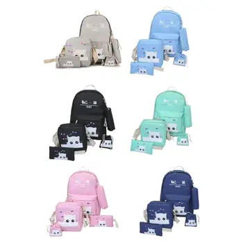 

5pcs Cute Cat Print Canvas Backpack Laptop Daypack Student School Shoulder Bag Bookbag Pencil Case Purse Set for Women Girls