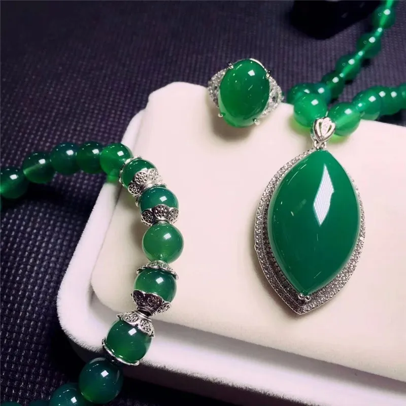 LETSFUN Fine Jewelry 925 серебро инкрустированная натуральная Подвеска из зеленого халцедона ожерелье кольцо браслет набор подарки
