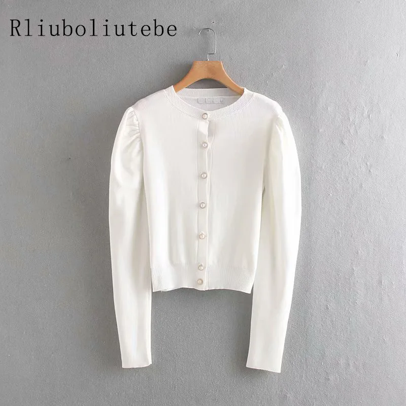 Вязаный женский кардиган, Повседневный, однотонный, на пуговицах, с длиными пышными рукавами, свитер, кардиган, элегантный, осенний, женский, укороченный свитер, топы, винно-красный