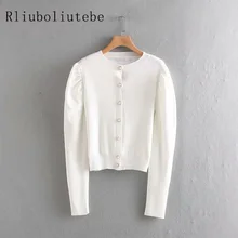 Вязаный женский кардиган, Повседневный, однотонный, на пуговицах, с длиными пышными рукавами, свитер, кардиган, элегантный, осенний, женский, укороченный свитер, топы, винно-красный