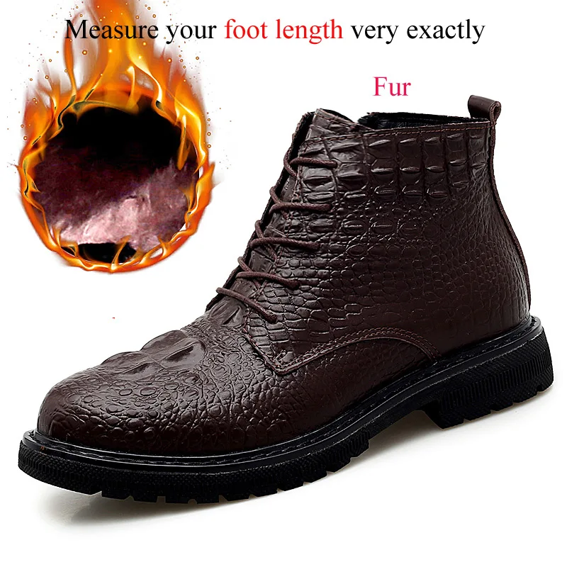 Зимние мужские ботильоны из спилка; дизайнерские ботинки под крокодиловую кожу; botas hombre Cuero Botines Botte Homme; сезон осень; повседневная обувь; Прямая поставка - Цвет: Brown(fur)