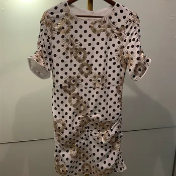 

Polka Dot Print Women Mini Dress Embroidered Sequin Flower Pattern Short Sleeve O-neck Back Zipper Female Dresses New