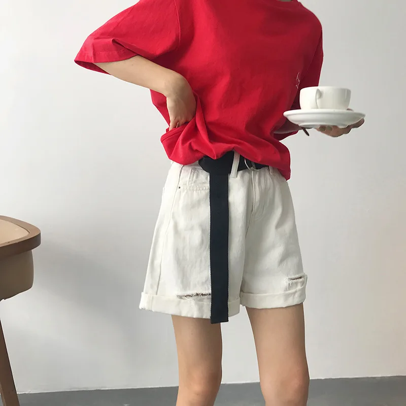 K5083 [Yellow Zheng] корейский стиль Свободные повседневные джинсовые шорты женские с высокой талией Стиральная вода гофрированные широкие шорты Sub
