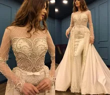 

2022 Luxurious Beaded Pearls Mermaid Wedding Dresses With Detachable Train Formal Bridal Gown Arabic Vestidos De Noiva Mariee