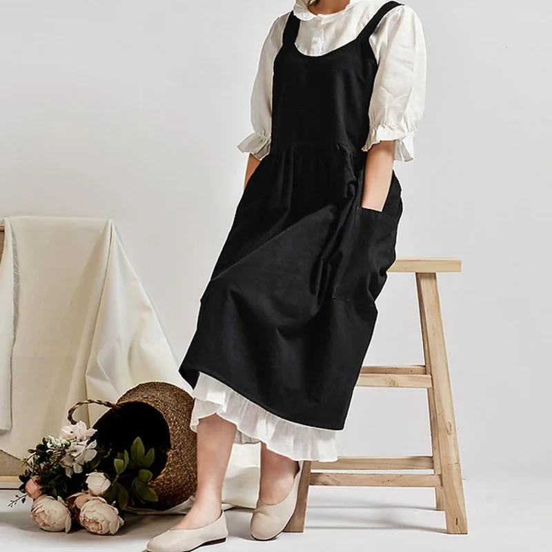 2020 Newest Hot Solid Cooking Kitchen Apron For Woman Female Bib Cotton Linen Dress Cafe Florist BBQ Aprons Kitchen Accessory