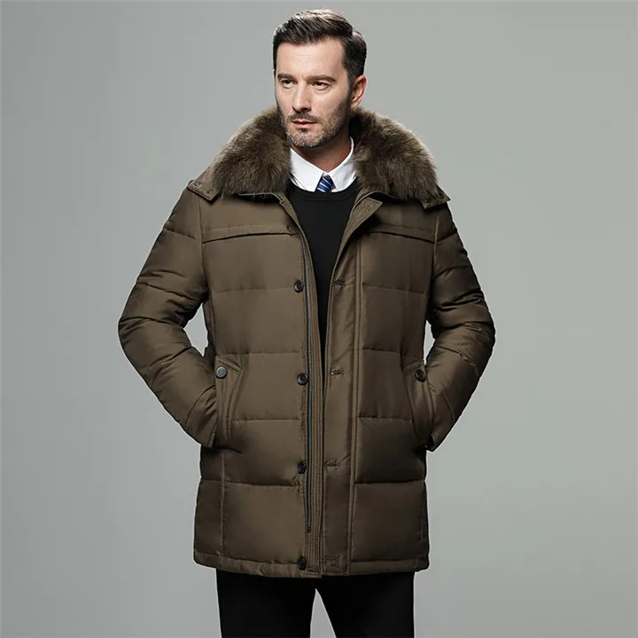 687 khaki Aismz мужская зимняя куртка для России, длинное пальто с меховым воротником, толстая ветрозащитная водонепроницаемая куртка на 90% белом утином пуху для мужчин-25 градусов - Цвет: 687 khaki