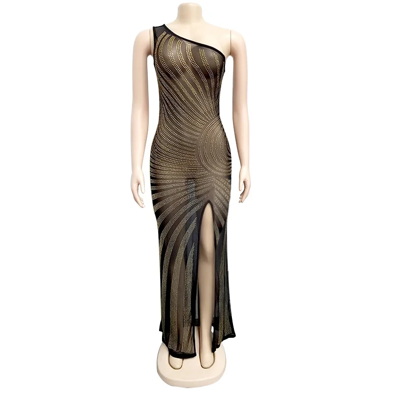 SUJYing New Winter Women's Sexy Mesh Ironing One Shoulder Split Dress Mesh See-through Party Dew Shoulder Sleeveless Women Dress