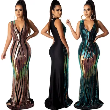 

BacklakeGirls 2020 Sexy V Neck Sleeveless Shining Sequined Evening Dress Floor Length Mermaid Party Dress Vestido Mujer