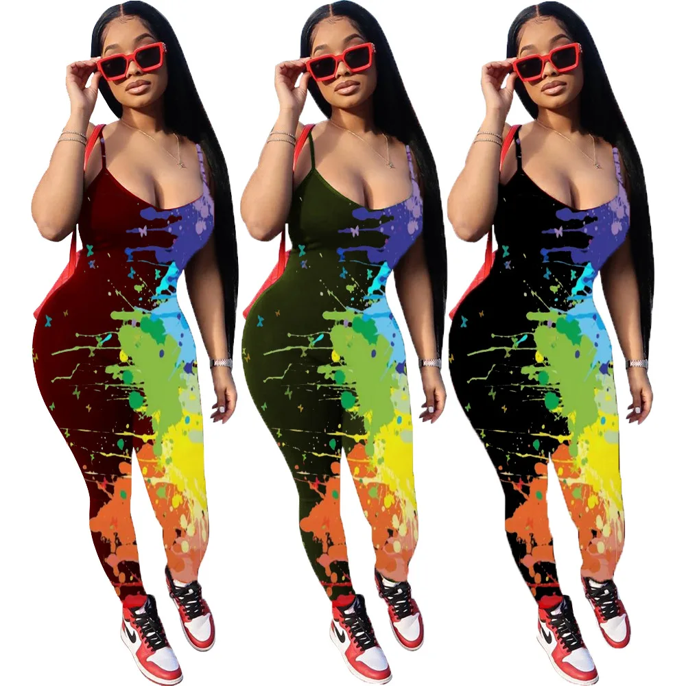 

Summer Sexy Bodysuit Women's Rompers Graffiti Printing Strap Tight Jumpsuits for Women 2020