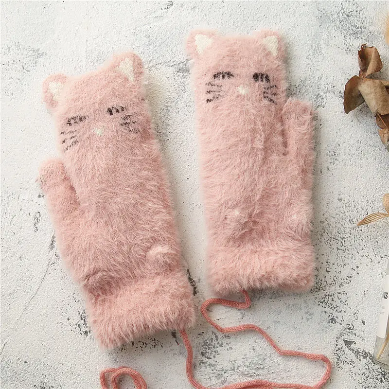 pink Сладкие белые теплые зимние перчатки женские милые маленькие кошки домашние курицы плюс толстые шерстяные варежки ремешок - Цвет: pink