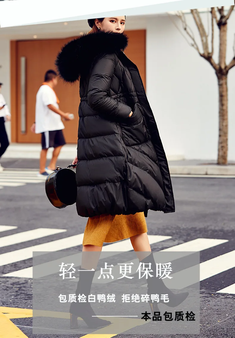 Winter New Style White Duck down Jacket Women's Korean-style Large Fur Collar deng long bai Mid-length Slim Fit Coat