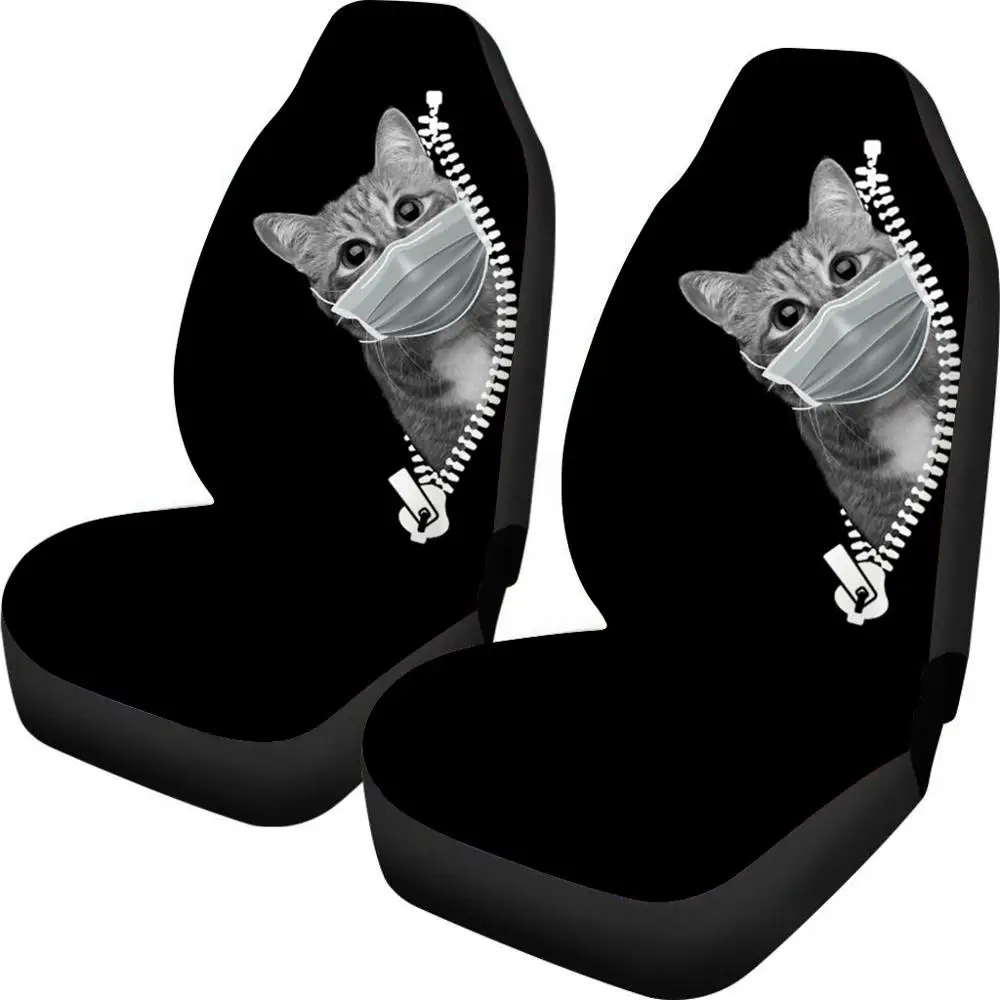 

INSTANTARTS Car Seat Covers for Women Girls Black Funny 3D Animal Cat with People Zip Printed 2 Pack Front Seat Protector Covers