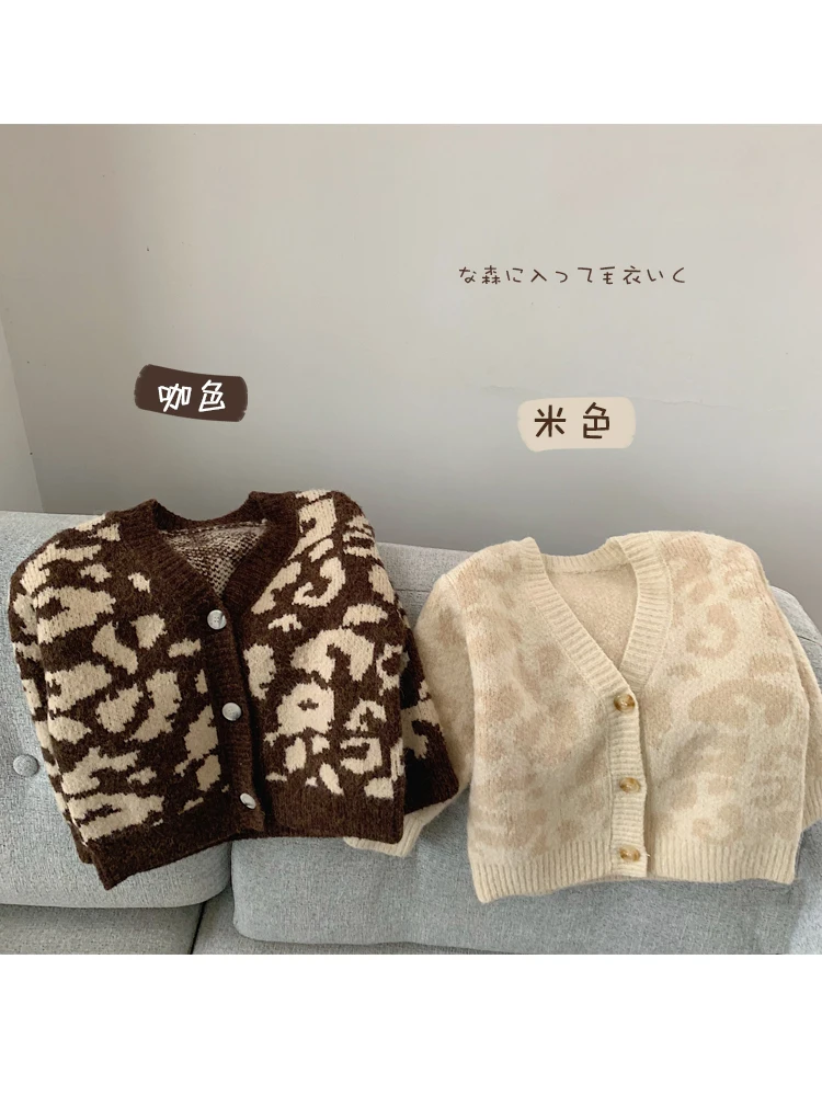 

Girl Knit Cardigan Sweater Kids Autumn Winter Cardigan Sweater Pure Cotton Baby V Collar Sweater Toddler Girl Leopard Sweater