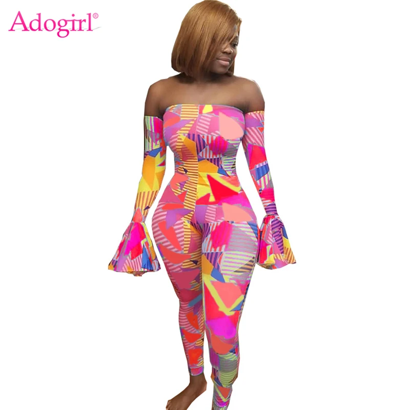 

Adogirl S-3XL Geometric Print Flare Sleeve Jumpsuit Women Slash Neck Off Shoulder Long Sleeve Casual Skinny Romper Club Overall