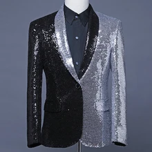 Male singer hosted suit half black half silver sequined suit fashion asymmetrical coat hair stylist green fruit collar Blazer Male singer hosted suit half black half silver sequined suit fashion asymmetrical coat hair stylist green fruit collar Blazer