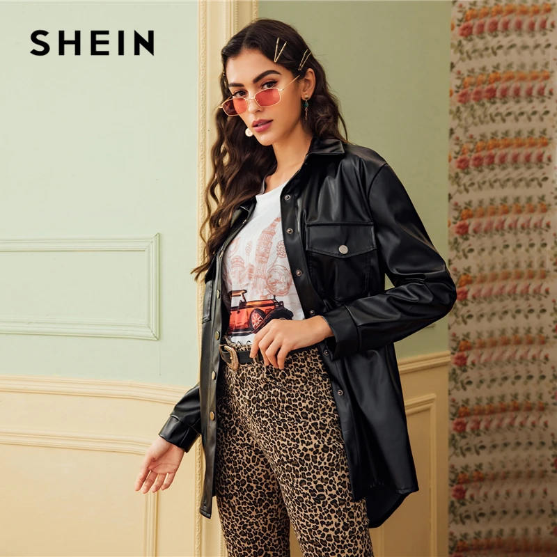 New  SHEIN Black Dual Pocket Button Front Belted Casual PU Coat Women 2019 Autumn Streetwear Faux Leathe