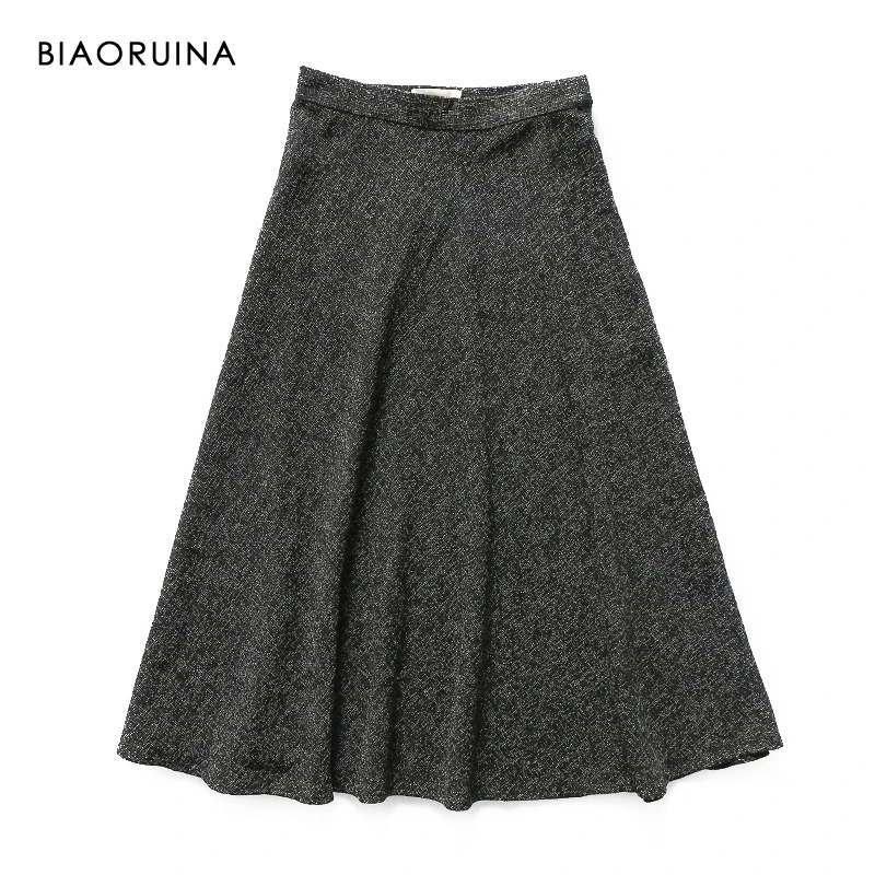 BIAORUINA, Женская полиэфирная черная шерстяная Повседневная трапециевидная Юбка До Колена, женская элегантная юбка с высокой талией, с боковой застежкой-молнией