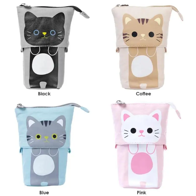 Simple Canvas Cotton Linen Candy Color Cat Stationery Cosmetic Wallet Bag Pen Container Pencil Cases Storage Bag Gifts for Child