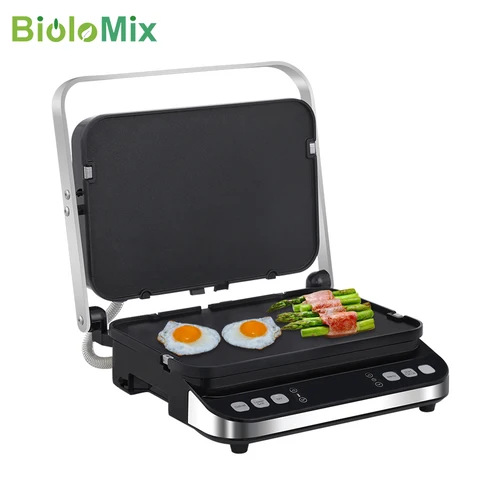 BioloMix-2000W 전기 접촉 그릴, 디지털 철판 및 파니니 프레스, 와플 메이커 플레이트 옵션, 180 도 바베큐 열기 3
