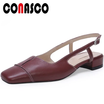 

CONASCO 2020 Summer New Fashion Concise Casual Genuine Leather Women Sandals Pumps Hollow Out Square Toe Thick Heels Shoes Woman