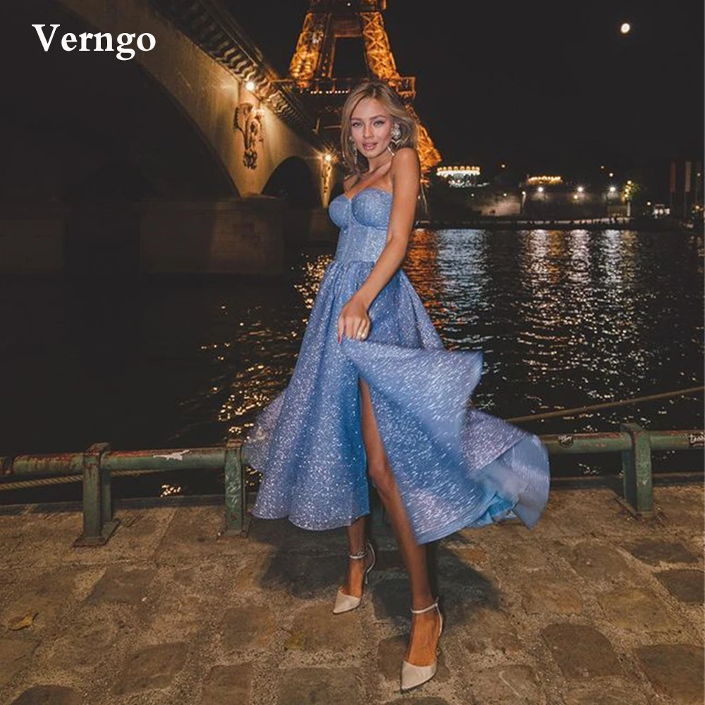 

Verngo Glitter A Line Dark Blue Prom Dresses 2021 Sweetheart Side Slit Tea Length Evening Party Gowns Formal Homecoming Dress