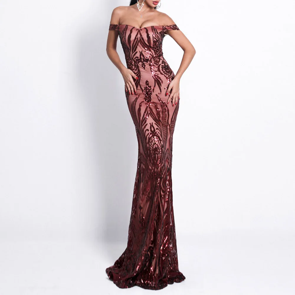 Dressv красное элегантное вечернее платье с открытыми плечами, Русалка без рукавов, кружевное, с аппликацией, свадебное вечернее платье с блестками